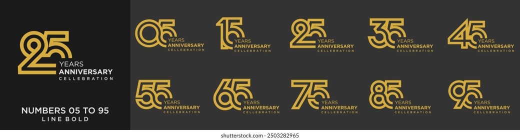 Aniversario de colección de 15 a 95 años, Ilustración vectorial de diseño de número creativo.