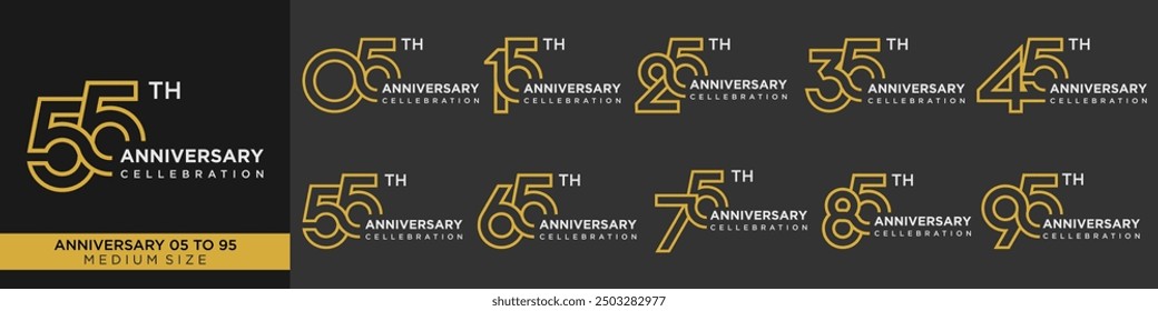 Aniversario de colección de 15 a 95 años, Ilustración vectorial de diseño de número creativo.