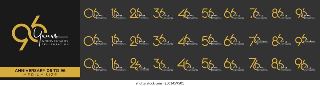 collection anniversary 16 to 96 year, creative number design vector illustration.