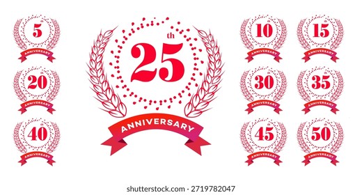 Colección de emblemas de celebración de aniversario en rojo con coronas de laurel. Incluye diseños de los años 5, 10, 15, 20, 25, 30, 35, 40, 45 y 50.