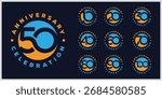 Collection of anniversary circle round logo design. Celebration day special vector icon, creative number 10 to 100 symbol graphics