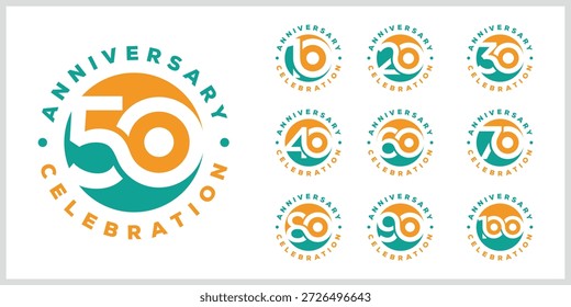 Colección del diseño del logotipo redondo del círculo del aniversario. Icono especial del Vector del día de la celebración, número creativo 10 a 100