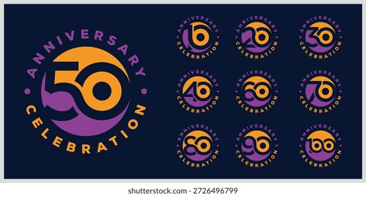 Colección del diseño del logotipo redondo del círculo del aniversario. Icono especial del Vector del día de la celebración, número creativo 10 a 100