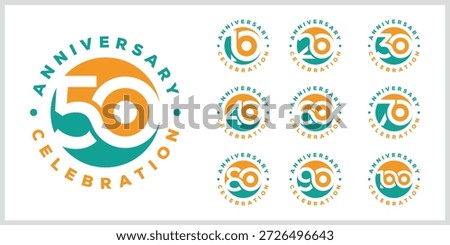 Collection of anniversary circle round logo design. Celebration day special vector icon, creative number 10 to 100 symbol graphics