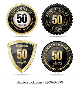 Collection of anniversary gold and black badges vector illustration 50 years