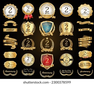 Collection of  Anniversary gold laurel wreath badges and labels vector illustration