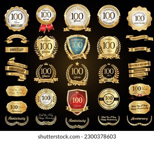 Collection of  Anniversary gold laurel wreath badges and labels vector illustration