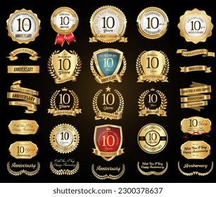 Collection of  Anniversary gold laurel wreath badges and labels vector illustration