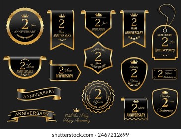 Collection of  Anniversary gold laurel wreath badges and labels vector illustration