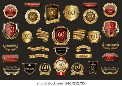 Collection of  Anniversary gold laurel wreath badges and labels vector illustration