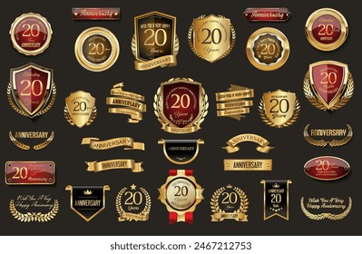 Collection of  Anniversary gold laurel wreath badges and labels vector illustration