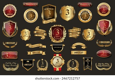 Collection of  Anniversary gold laurel wreath badges and labels vector illustration