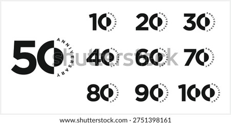 Collection of anniversary logo design. Celebration day special vector icon, 10 to 100 symbol graphic