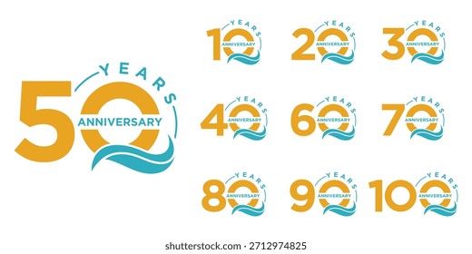 Colección de la Plantilla de diseño de logotipo de aniversario. Gráfico especial de los días de la celebración. concepto del símbolo del Vector de la onda del mar