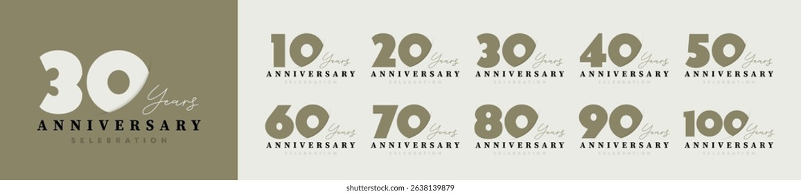 Collection of anniversary logo with years from 10 to 100. Trendy design for celebration, congratulations and special moments. Vector illustration 
