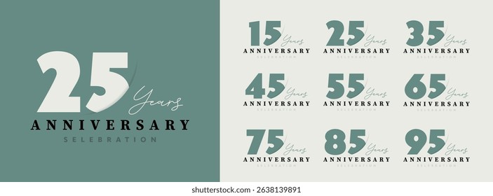 Collection of anniversary logo with years from 15 to 95. Trendy design for celebration, congratulations and special moments. Vector illustration 