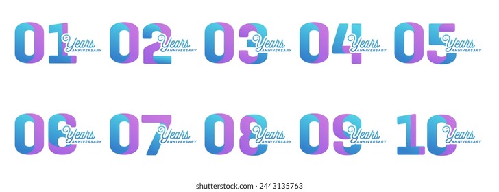 collection of anniversary logos from 1 year to 10 years with colorful modern numbers on a white background for celebratory moments, celebratory events.