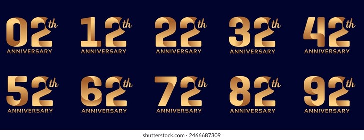 collection of anniversary logos from 2 years to 92 years with gold numbers on a black background for celebratory moments, anniversaries, birthdays