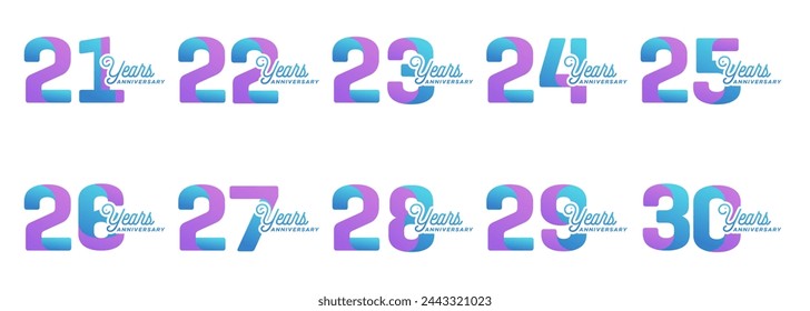 collection of anniversary logos from 21 years to 30 years with colorful modern numbers on a white background for celebratory moments, celebratory events.