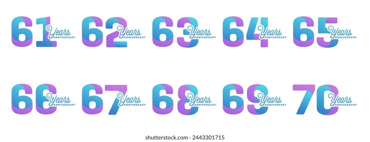 collection of anniversary logos from 61 years to 70 years with colorful modern numbers on a white background for celebratory moments, celebratory events.