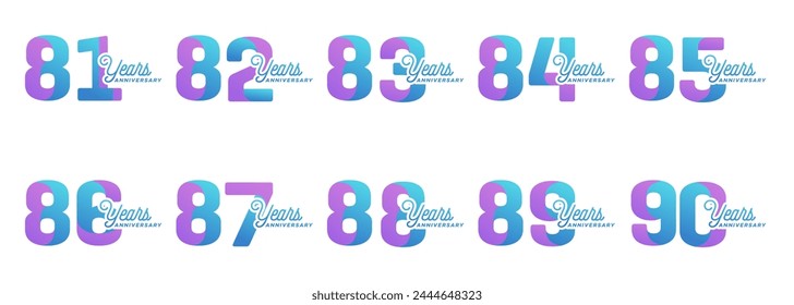 collection of anniversary logos from 81 years to 90 years with colorful modern numbers on a white background for celebratory moments, celebratory events.