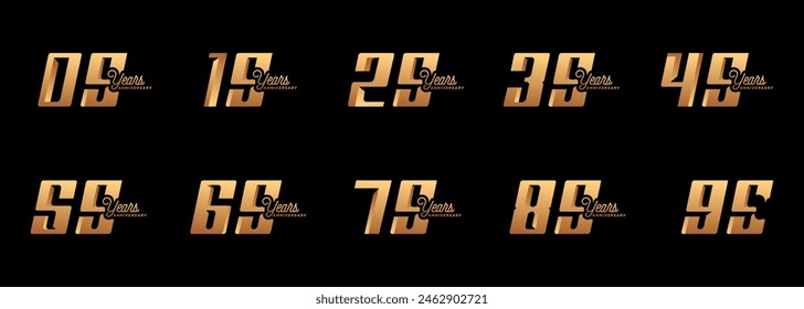 collection of anniversary logos from 9 years to 99 years with gold numbers on a black background for celebration moments, anniversaries, birthdays