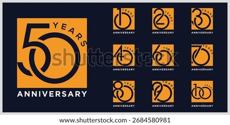 Collection of anniversary square box logo design. Celebration day special vector icon, creative number 10 to 100 symbol graphics