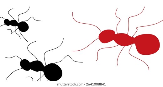 Collection of ant tracks, worker ants, Black and red Ant Silhouette symbol. Vector Illustration.