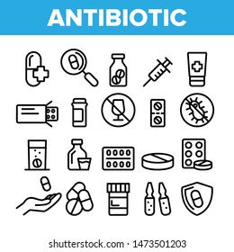 Collection Antibiotic Thin Line Icons Set Vector. Drugs And Pills, Injection And Cream, Syrup And Drops Antibiotic Linear Pictograms. Anti Alcoholic And Virus Signs Monochrome Contour Illustrations