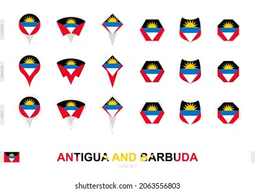 Collection of the Antigua and Barbuda flag in different shapes and with three different effects. Vector flag set.