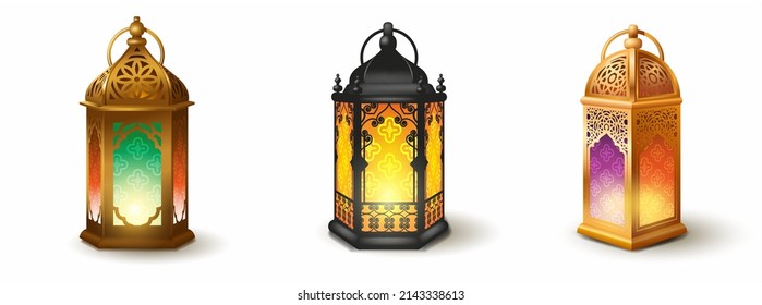 Collection of antique Arabic lanterns (fanoos) isolated on white. Ramadan decorative elements. Vector illustration.