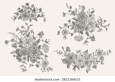 Collection of antique botanical compositions featuring flowers, fruits and berries in detailed. Timeless autumn-inspired decorative elements.