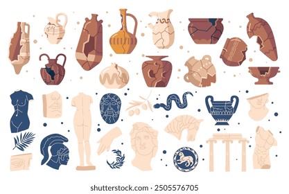 Collection Of Antique Ceramic And Statues Set Featuring Classical Artifacts And Historical Elements of Ancient Cultures