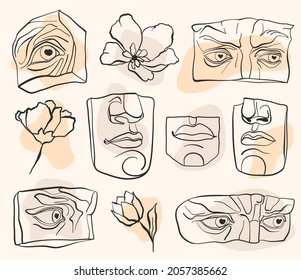 colección de elementos antiguos con flores, monumentos de arquitectura y dibujo a mano alzada, ilustración vectorial de monumentos históricos y flores naturales, ambientada para el diseño