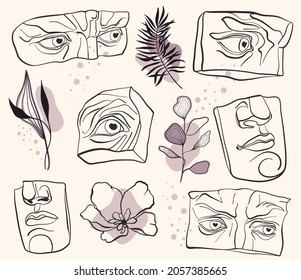 collection of antique elements with flowers, monuments of architecture and art freehand drawing, vector illustration of historical monuments and natural flowers, set for design