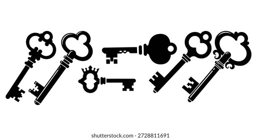 Collection of antique keys isolated on transparent background