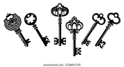 Collection of antique keys isolated on transparent background