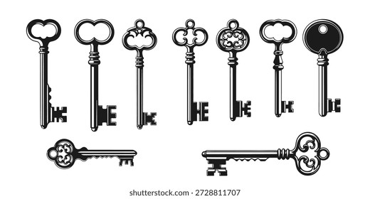Collection of antique keys isolated on transparent background
