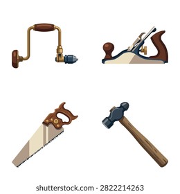A collection of antique manual carpentry tools including a hand drill, a wood plane, a hand saw, and a claw hammer.
