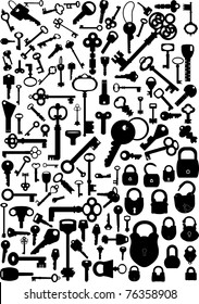 Collection of antique and modern keys and padlocks, vector illustration