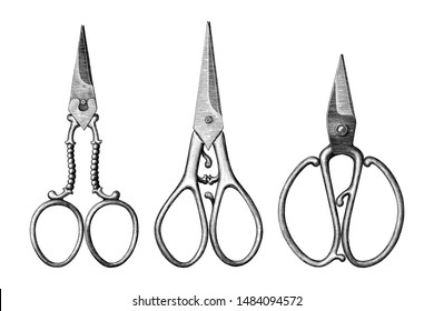 Collection of antique scissors hand draw vintage style black and white clip art isolated on white background,Vintage scissors rare item