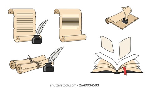 Collection of antique writing implements and manuscripts showcasing the art of calligraphy and literature history