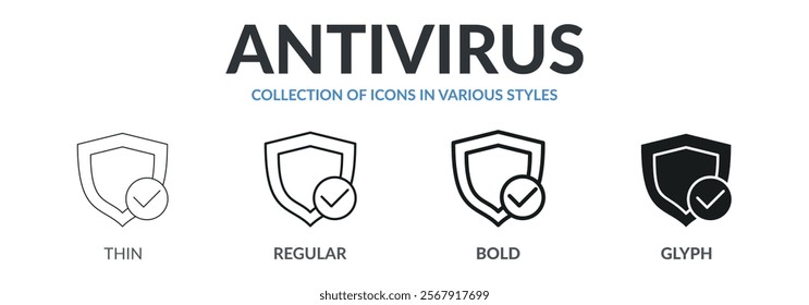 Collection of ANTIVIRUS icons in variety of styles. Designed in thin line, regular line, bold line, and glyph.