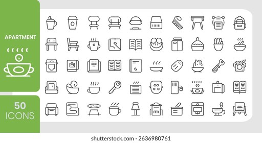 Collection of apartment icons displaying various interior design and home living elements