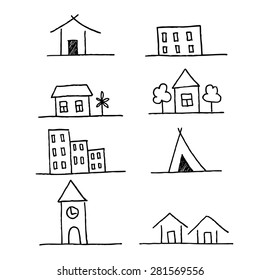 Collection of apartments. Sketch vector set of houses in doodle style