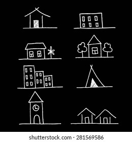 Collection of apartments. Sketch vector set of houses in doodle style
