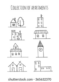 Collection of apartments. Sketch vector set of houses in doodle style.Vector.