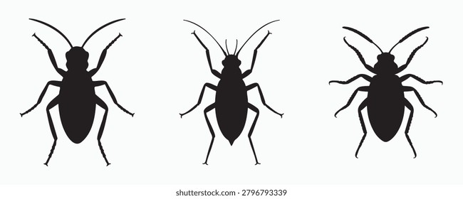 Collection of aphid silhouettes isolated on gray background. Black vector icons depicting different aphid shapes and poses, suitable for entomology, agriculture, pest control, and educational design.