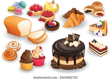 Collection of appetizing baked goods including cakes, pastries, and macarons arranged beautifully, showcasing various delicious treats.