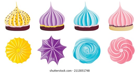 Collection of appetizing colorful meringues on biscuit in flat style top and side view